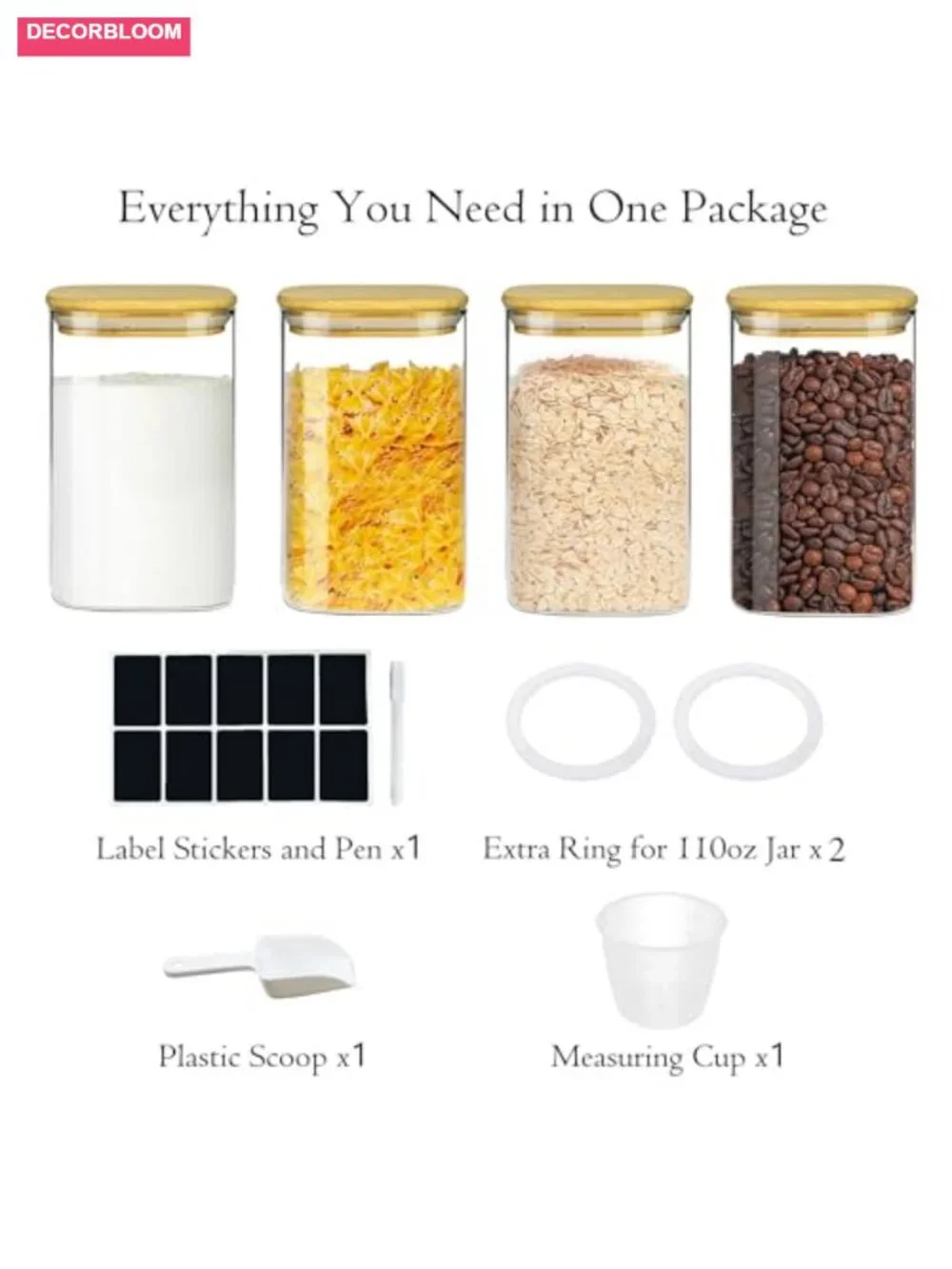 Glass Storage Containers with Airtight Bamboo Lids Set of 4, Food Storage,